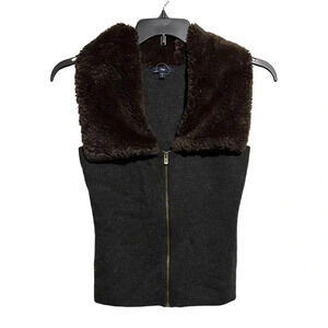 Gap Sweater Vest Womens Small Full Zipper Wool Brown Blend Faux Fur Collar